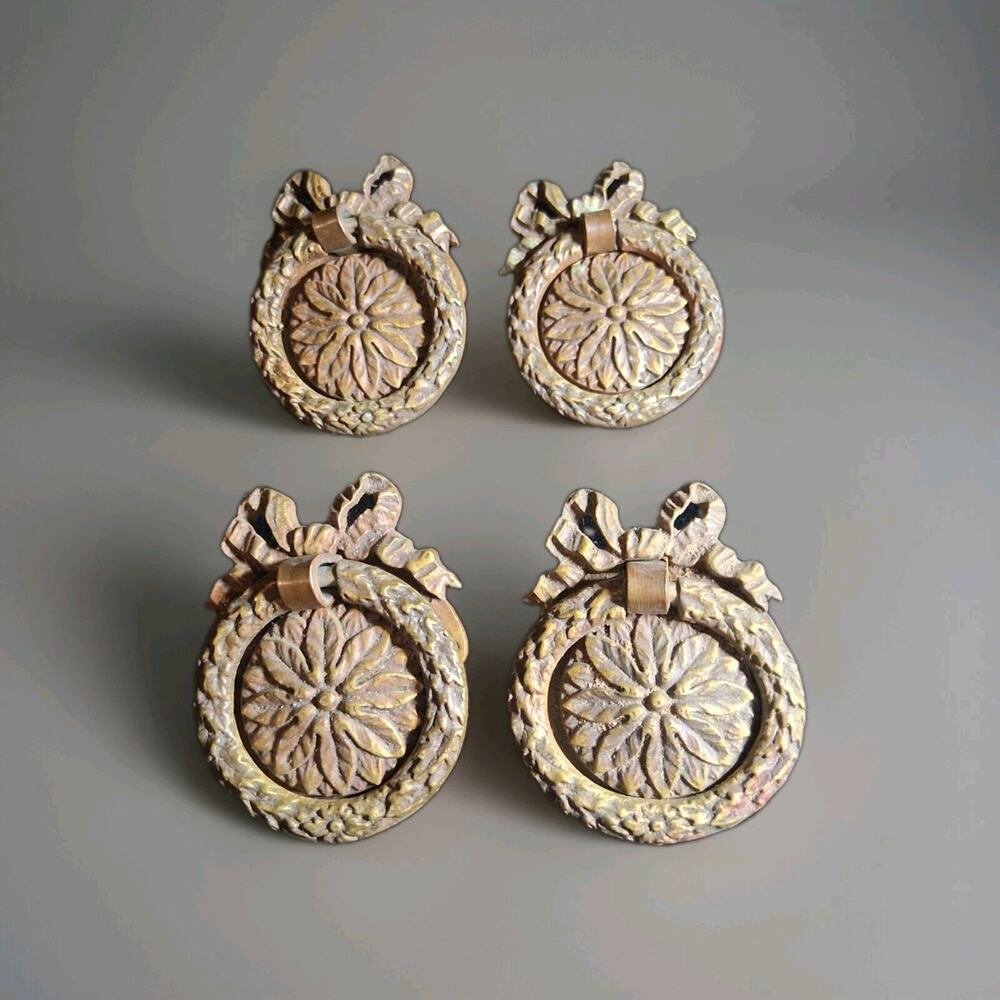 4 RARE Antique Ring Pulls Solid Brass Or Bronze. Garland Bow Wreath.